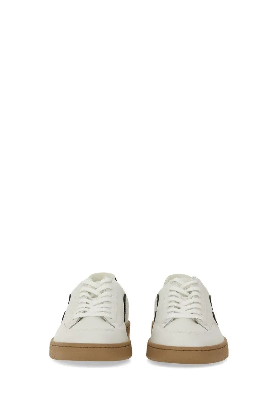 Veja men’s sneaker white low-top sneaker in white leather with tan rubber soles and black side accents