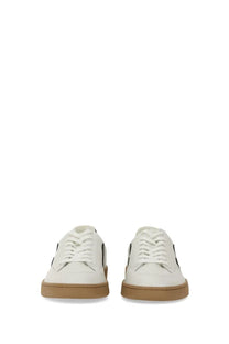 Veja men’s sneaker white low-top sneaker in white leather with tan rubber soles and black side accents