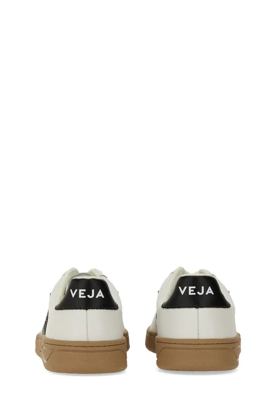 Veja men’s white leather sneakers with black heel tabs and tan rubber soles shown from the back side