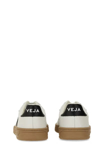 Veja men’s white leather sneakers with black heel tabs and tan rubber soles shown from the back side