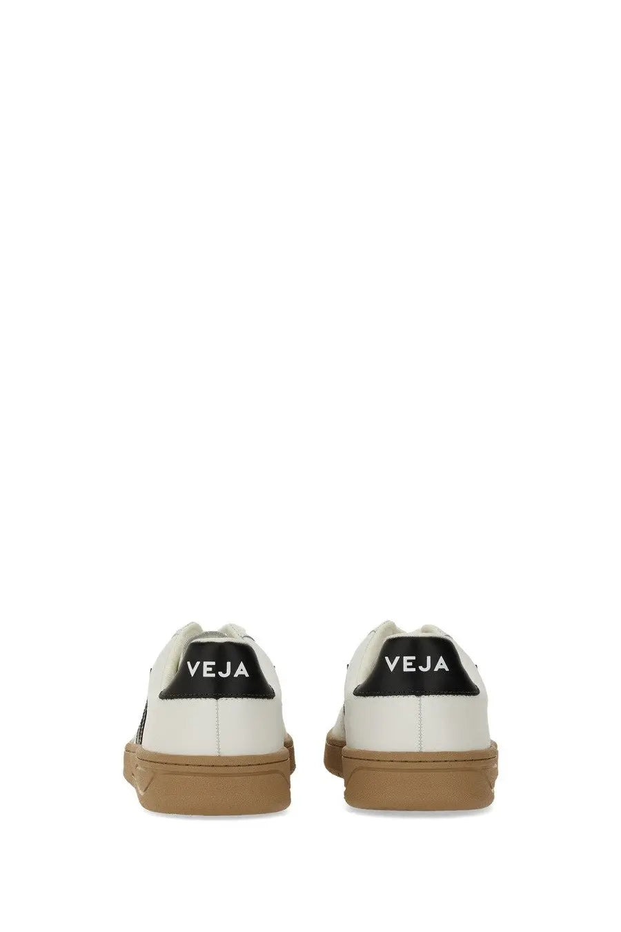 Veja men’s sneaker white featuring white leather with black heel tabs and tan rubber soles in a back view