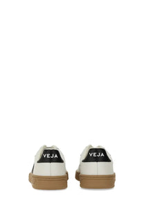 Veja men’s sneaker white featuring white leather with black heel tabs and tan rubber soles in a back view