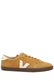 Veja men’s volley sneaker beige tan suede low-top with cream v logo and brown rubber sole