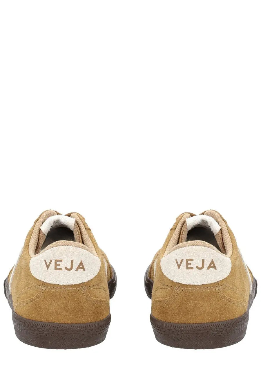 Veja men’s volley sneaker beige tan suede with white oval logo patch and dark brown rubber soles front view