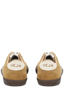 Veja men’s volley sneaker beige tan suede with white oval logo patch and dark brown rubber soles front view