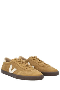 Veja men’s volley sneaker beige tan suede with white logo and brown rubber soles front view