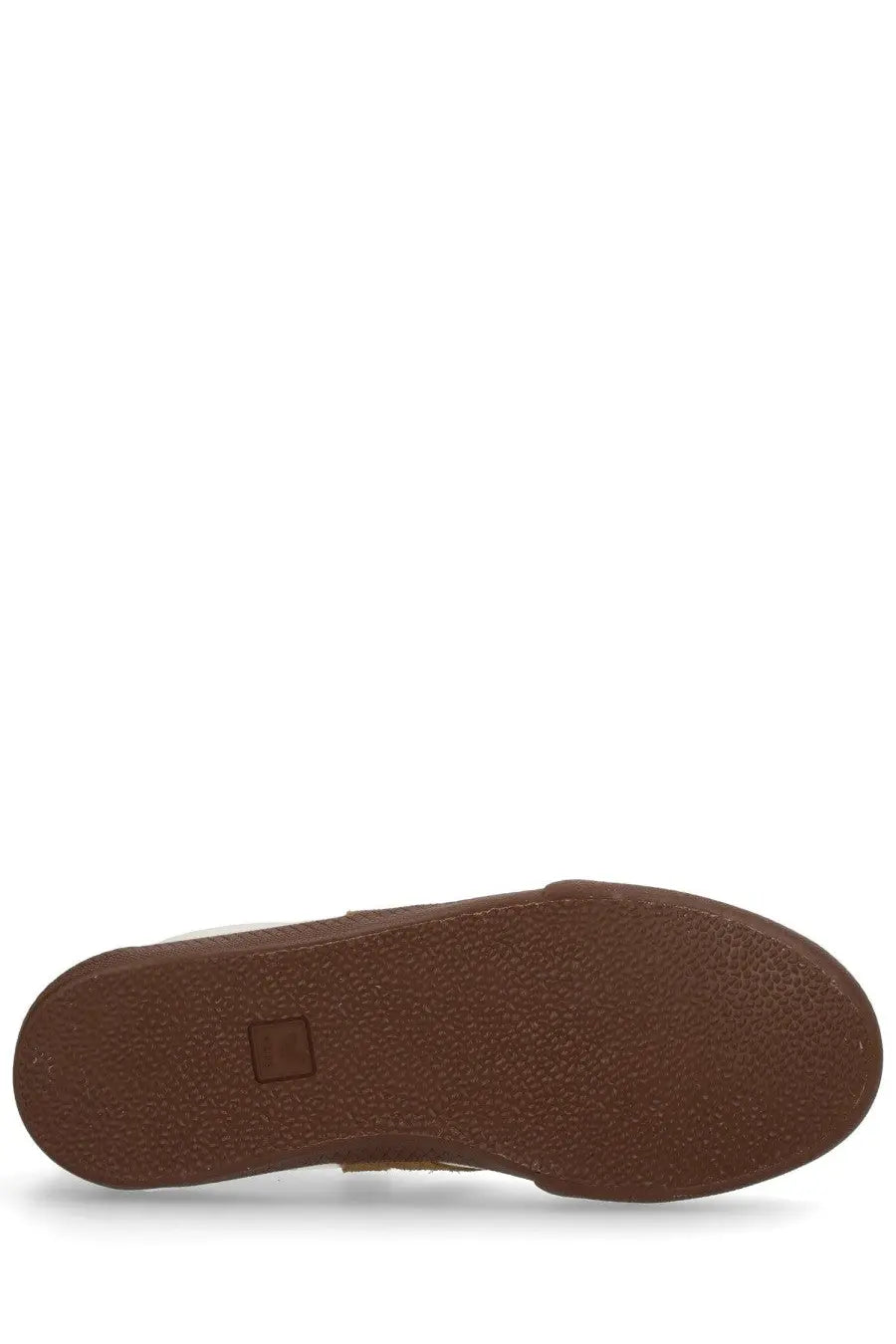 Brown rubber sole with textured grip and small square logo imprint on Veja men’s volley sneaker multicolor