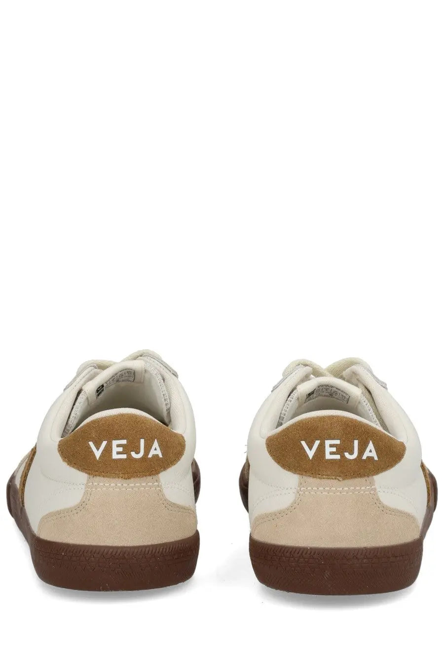 Back view of cream and brown suede veja men’s volley sneaker with veja branding on the heel tab