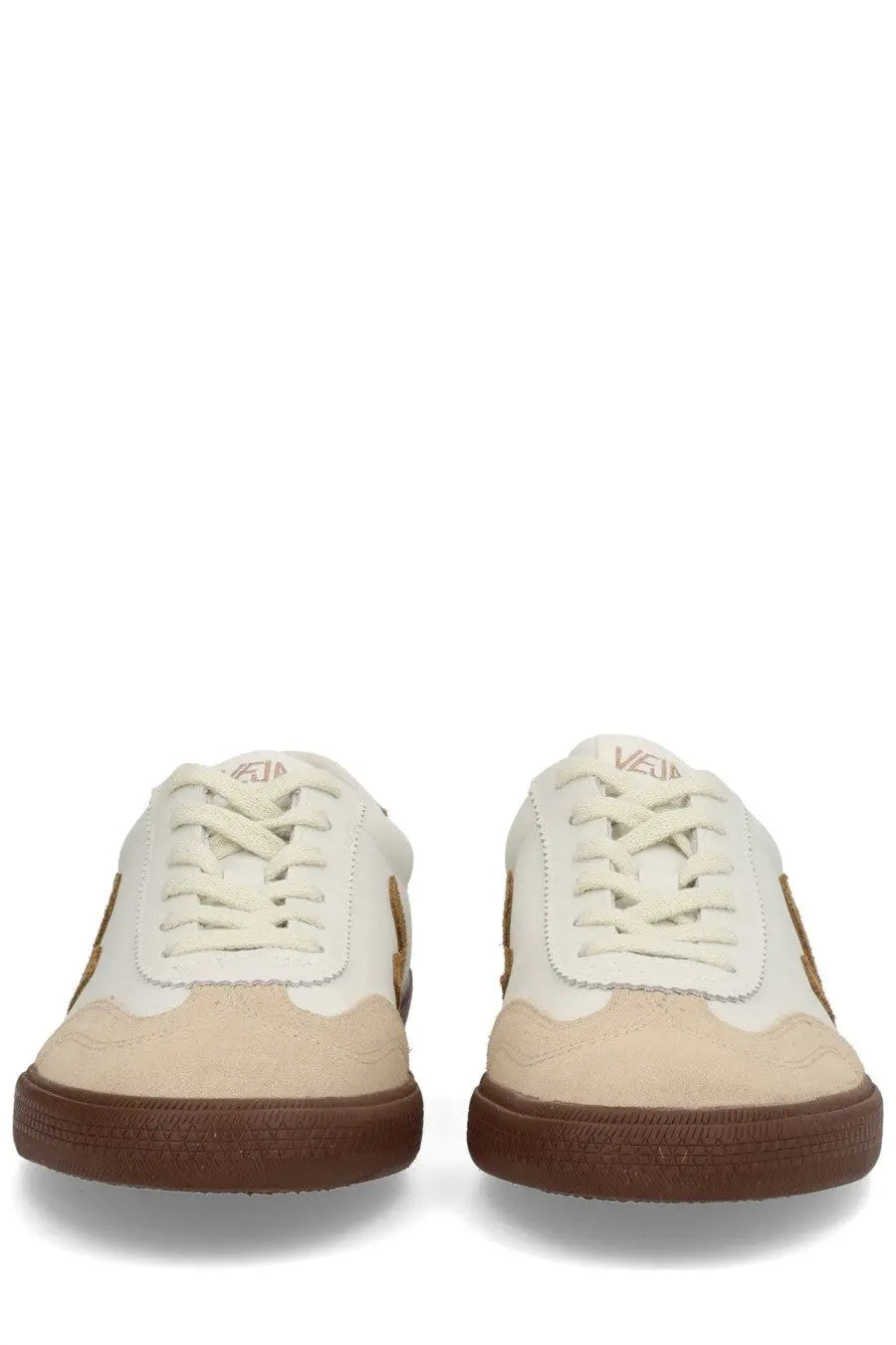 Veja men’s volley sneaker multicolor low-top cream suede and canvas with brown rubber soles and gold-tone branding
