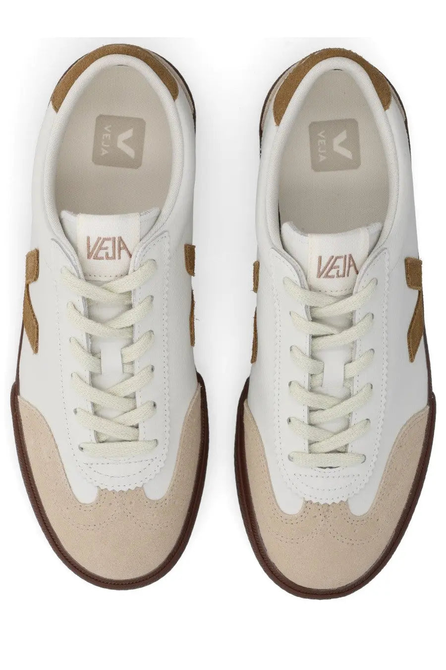 Veja men’s volley sneaker in white and tan suede and leather with brown rubber soles multicolor design