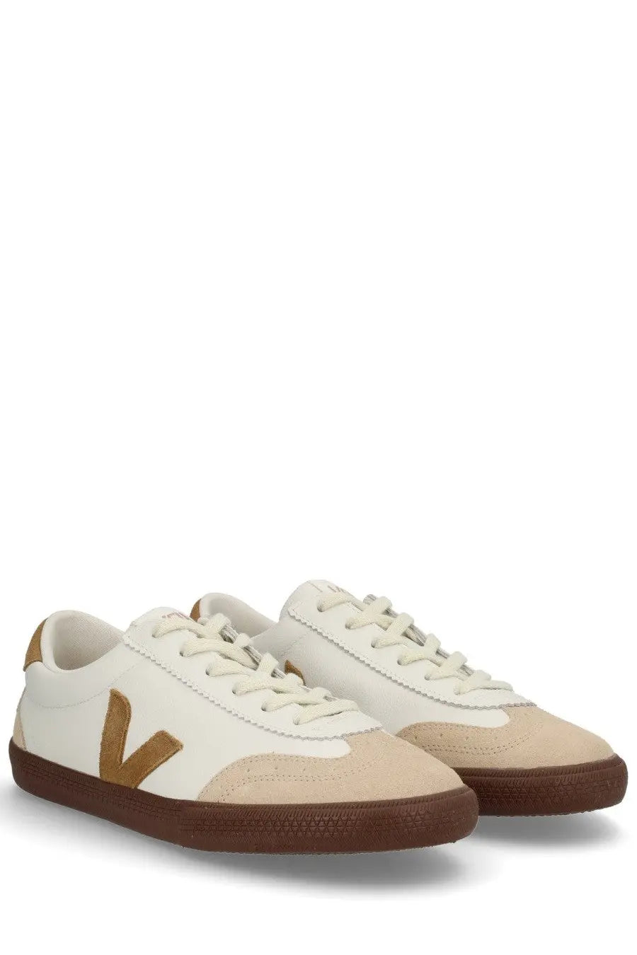 Veja men’s volley sneaker multicolor white and tan suede low-top with brown rubber sole and gold-tone v-shaped logo