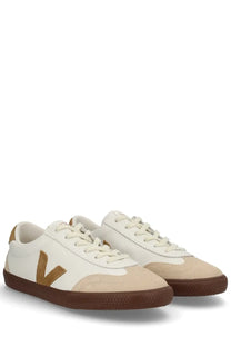 Veja men’s volley sneaker multicolor white and tan suede low-top with brown rubber sole and gold-tone v-shaped logo