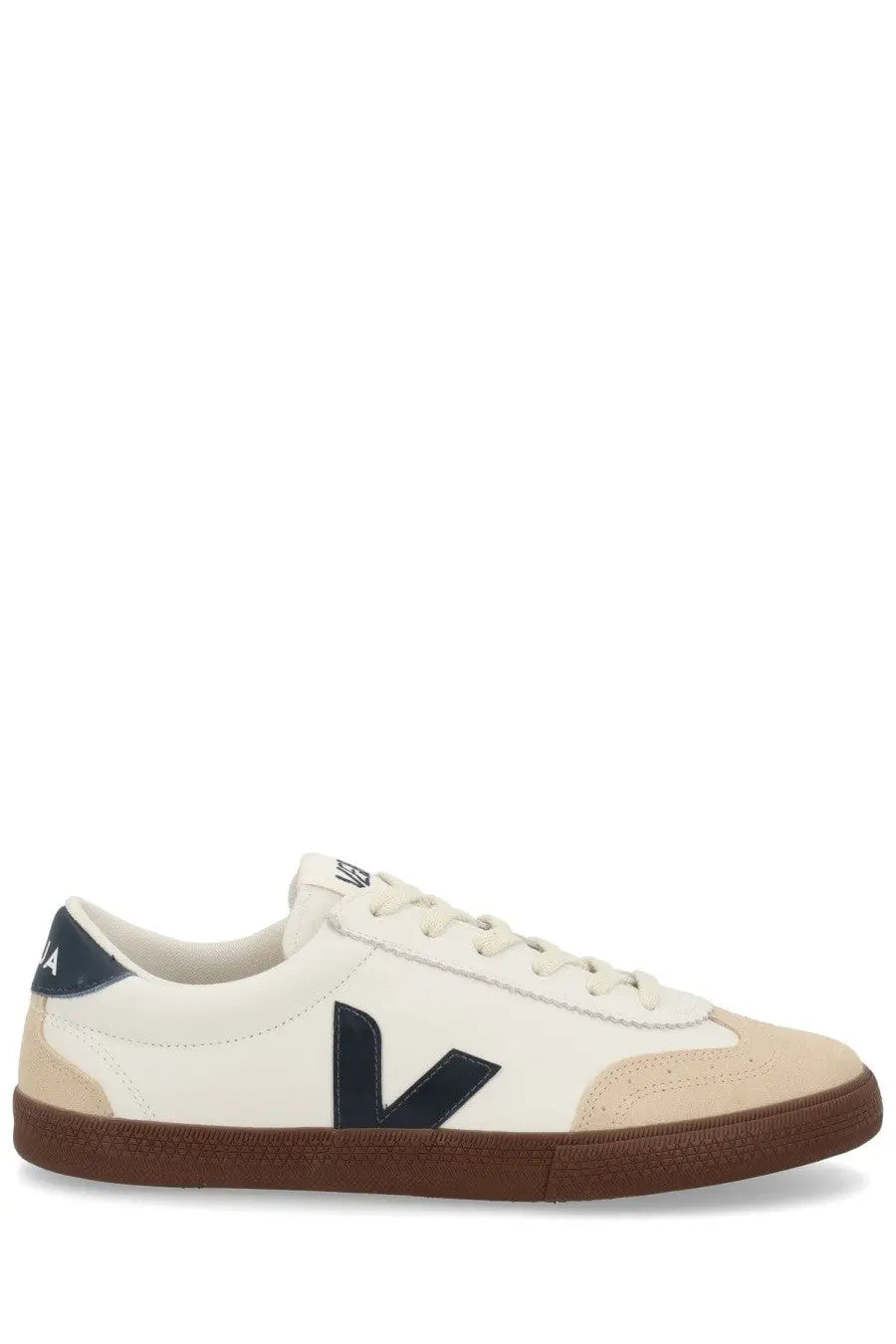 Veja men’s volley sneaker white cream leather with navy blue v logo and brown rubber sole