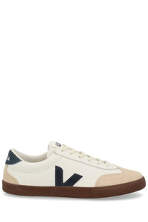 Veja men’s volley sneaker white cream leather with navy blue v logo and brown rubber sole