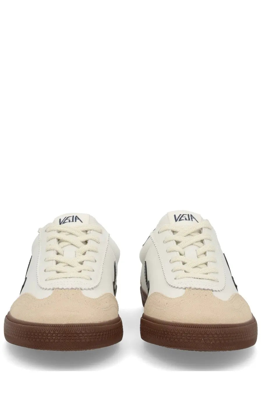Veja men’s volley sneaker white cream suede and canvas low-top with brown rubber soles and black side accents