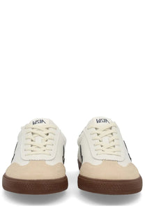 Veja men’s volley sneaker white cream suede and canvas low-top with brown rubber soles and black side accents