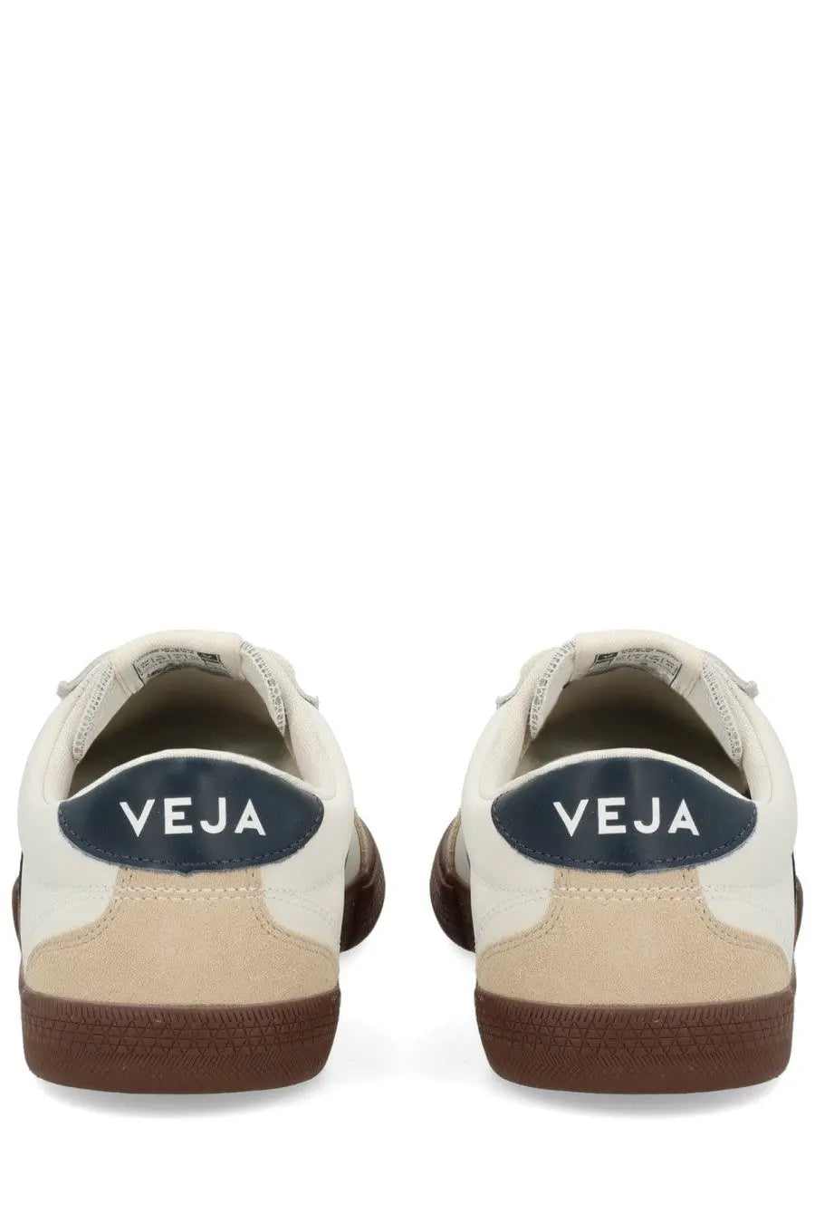 Veja men’s volley sneaker white cream suede and canvas with navy blue heel tab featuring veja logo visible from back