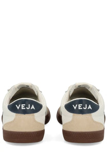 Veja men’s volley sneaker white cream suede and canvas with navy blue heel tab featuring veja logo visible from back