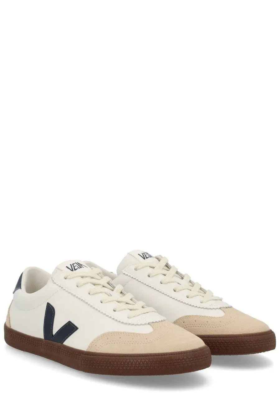 Veja men’s volley sneaker white in cream and navy blue suede and leather with a gum rubber sole in low top design