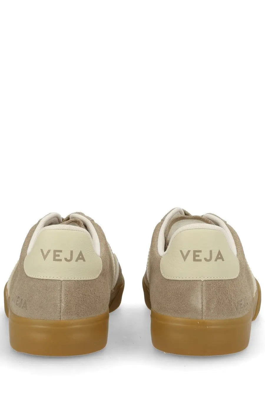 Veja unisex sneaker campo grey beige suede with tan rubber sole and cream heel tab shown from the back side