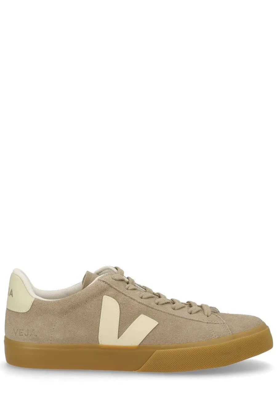 Veja unisex sneaker campo grey beige suede with cream v logo and gum rubber sole