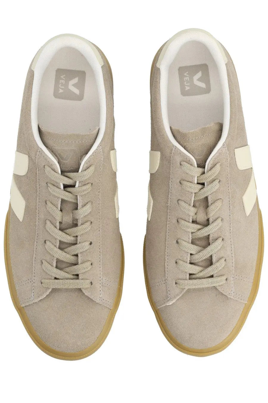 Veja unisex sneaker campo grey beige suede with cream stripes and gum rubber soles front view