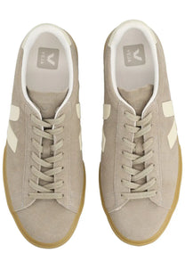 Veja unisex sneaker campo grey beige suede with cream stripes and gum rubber soles front view