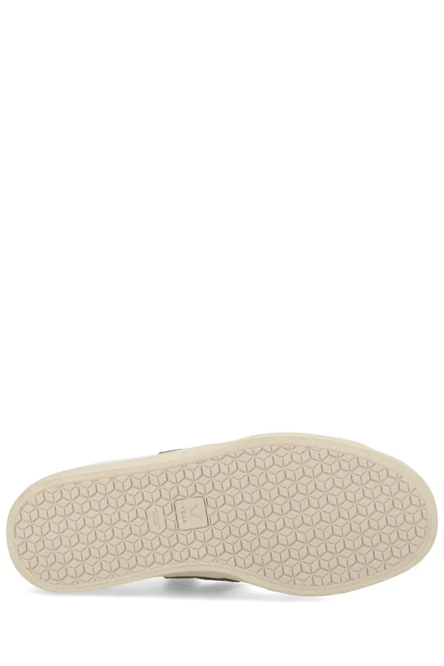 Beige rubber sole with hexagonal tread and small rectangular label on veja unisex sneaker campo white back side