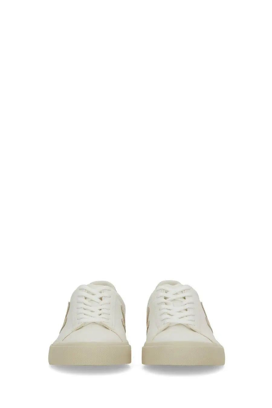 Veja unisex sneaker campo white white canvas sneakers with beige rubber soles and subtle gold logo detailing on side