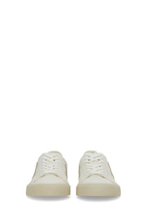 Veja unisex sneaker campo white white canvas sneakers with beige rubber soles and subtle gold logo detailing on side