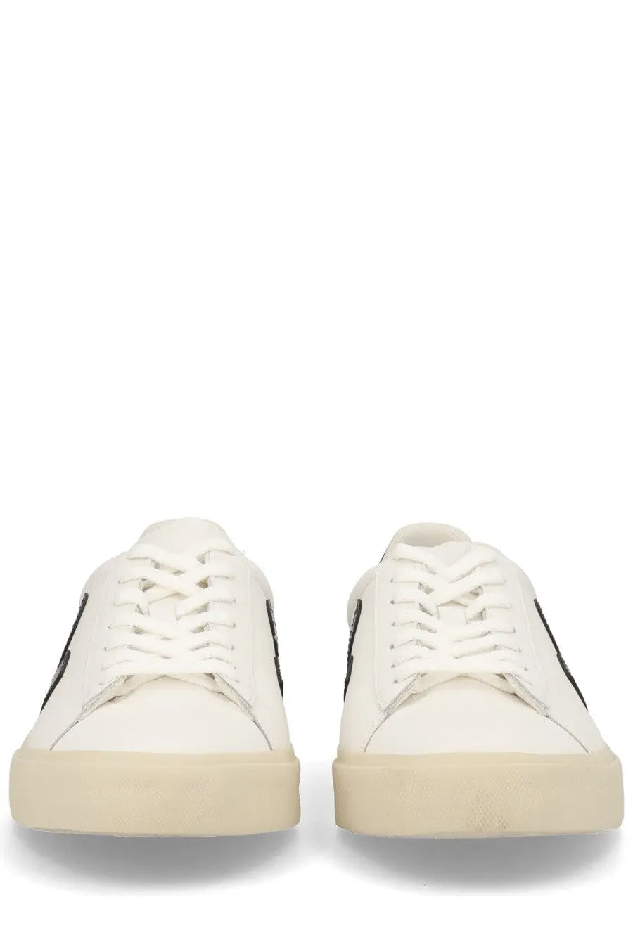 Veja unisex sneaker campo white with white canvas, black side stripes, and beige rubber sole for casual wear