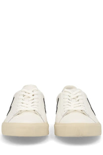 Veja unisex sneaker campo white with white canvas, black side stripes, and beige rubber sole for casual wear