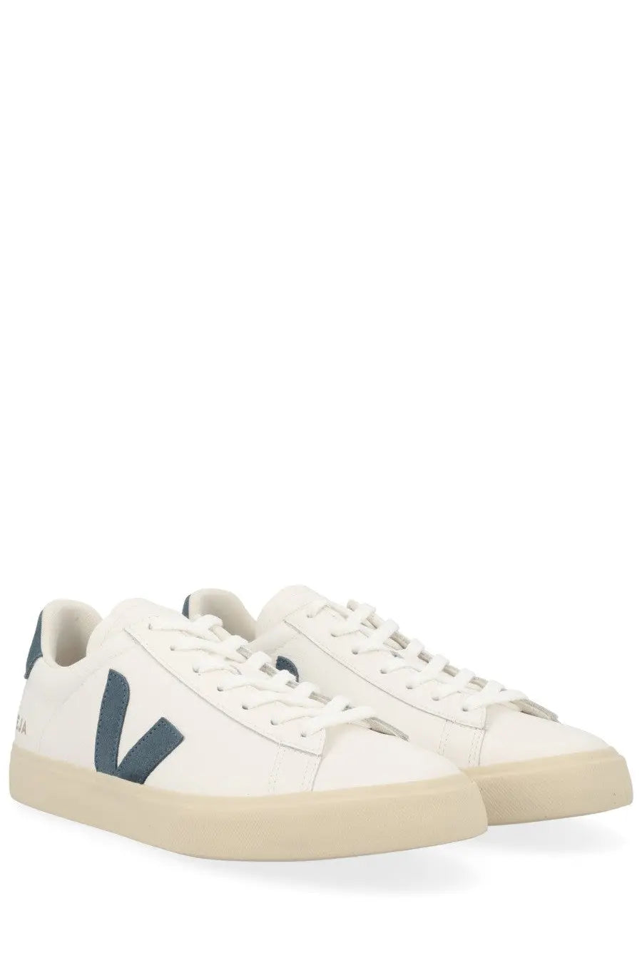 Veja unisex sneaker campo white white canvas sneakers with navy blue logo detailing and beige rubber sole