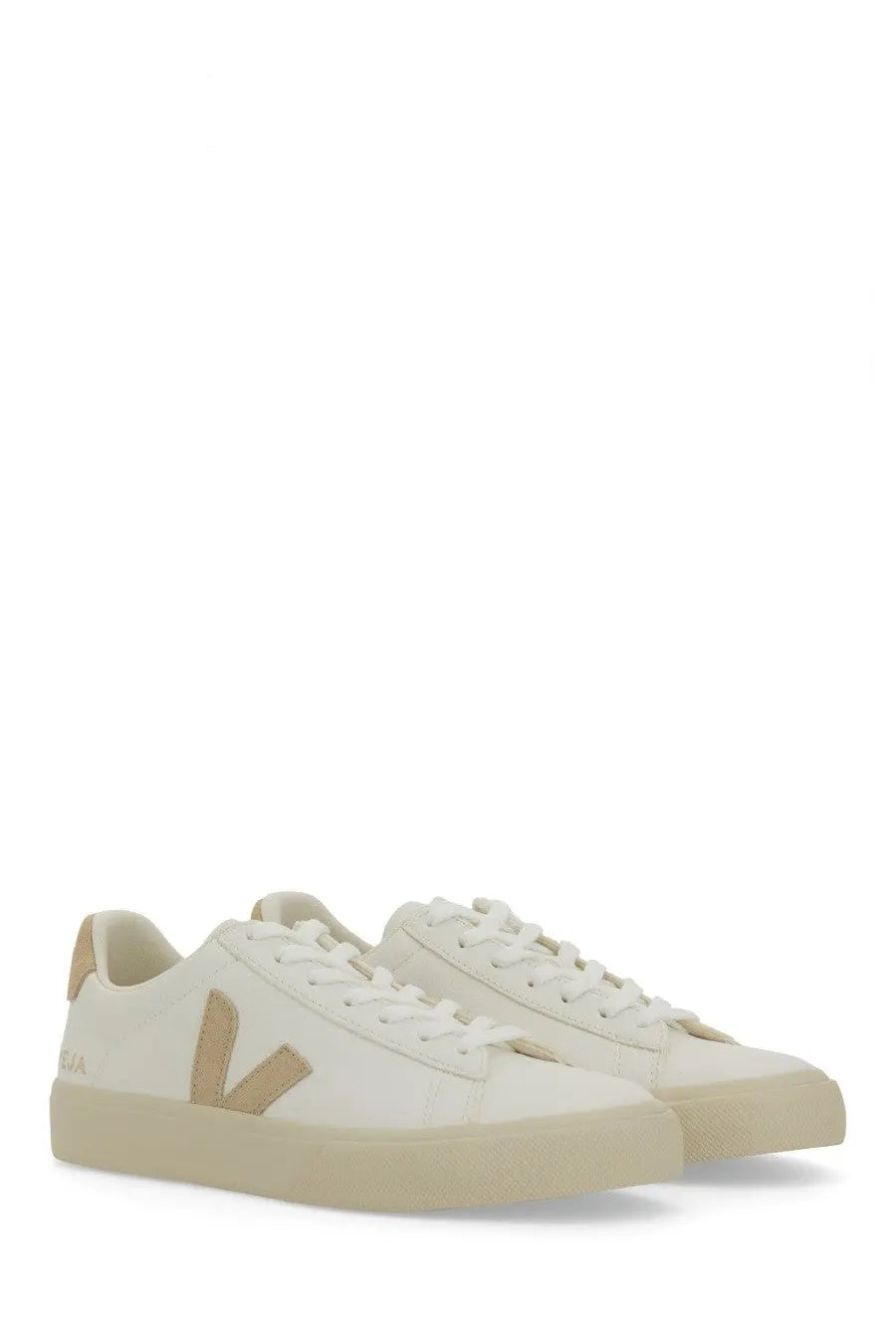 Veja unisex sneaker campo white cream canvas with beige v logo white laces and rubber sole front side view