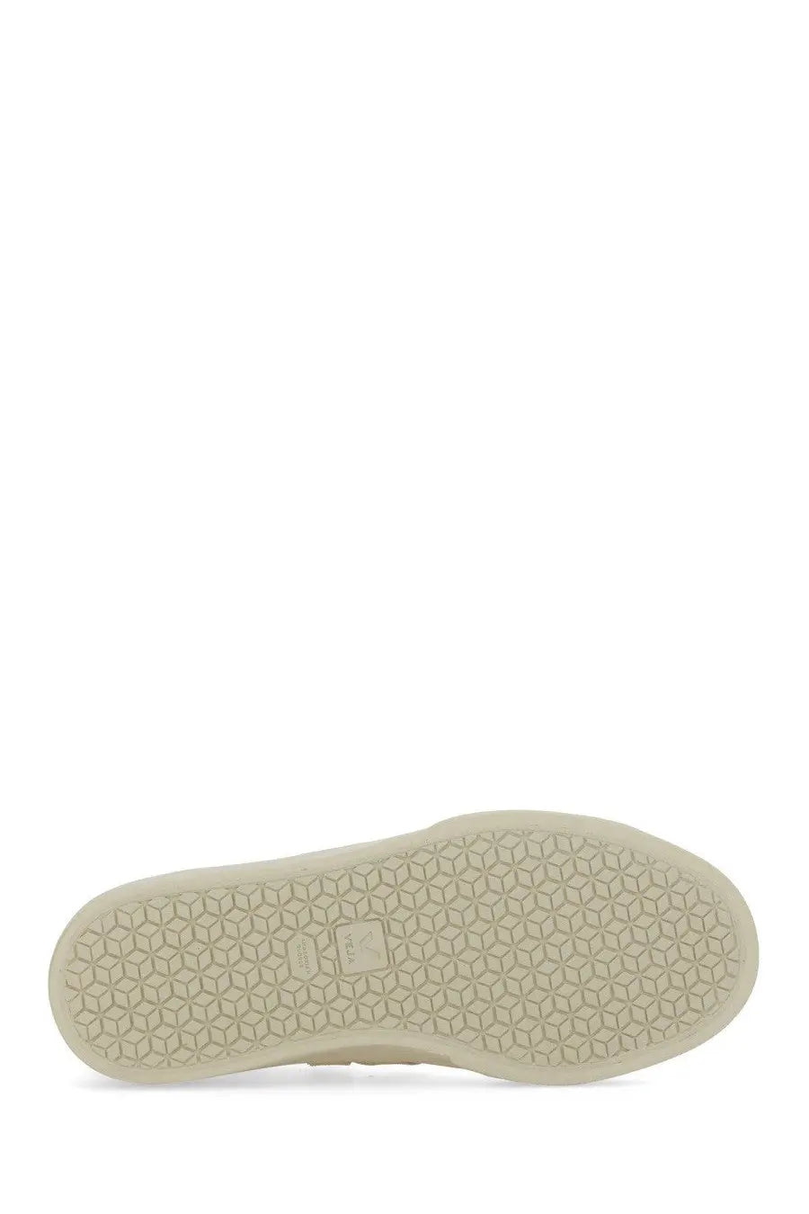 Veja unisex sneaker campo white showing cream-colored rubber sole with hexagonal tread and embossed adidas logo near heel
