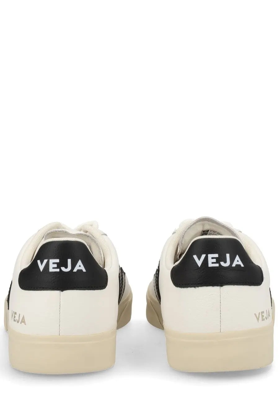 Cream-colored veja unisex sneaker campo white with black leather accents and branding on the heel back side view