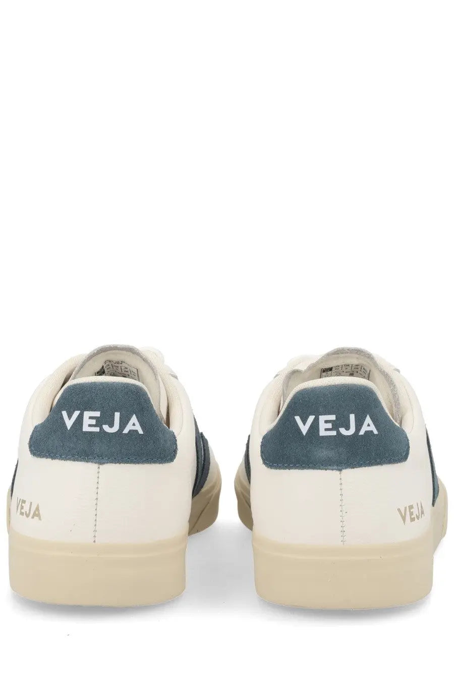 Back view of cream-colored veja unisex sneaker campo with navy blue suede heel accents and branding