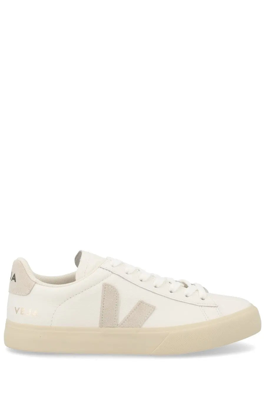 Veja unisex sneaker campo white featuring white leather with beige suede V logo and matching heel tab with brand name