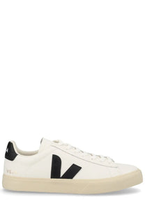 Veja unisex sneaker campo white white leather with bold black v logo and matching black heel tab on cream rubber sole