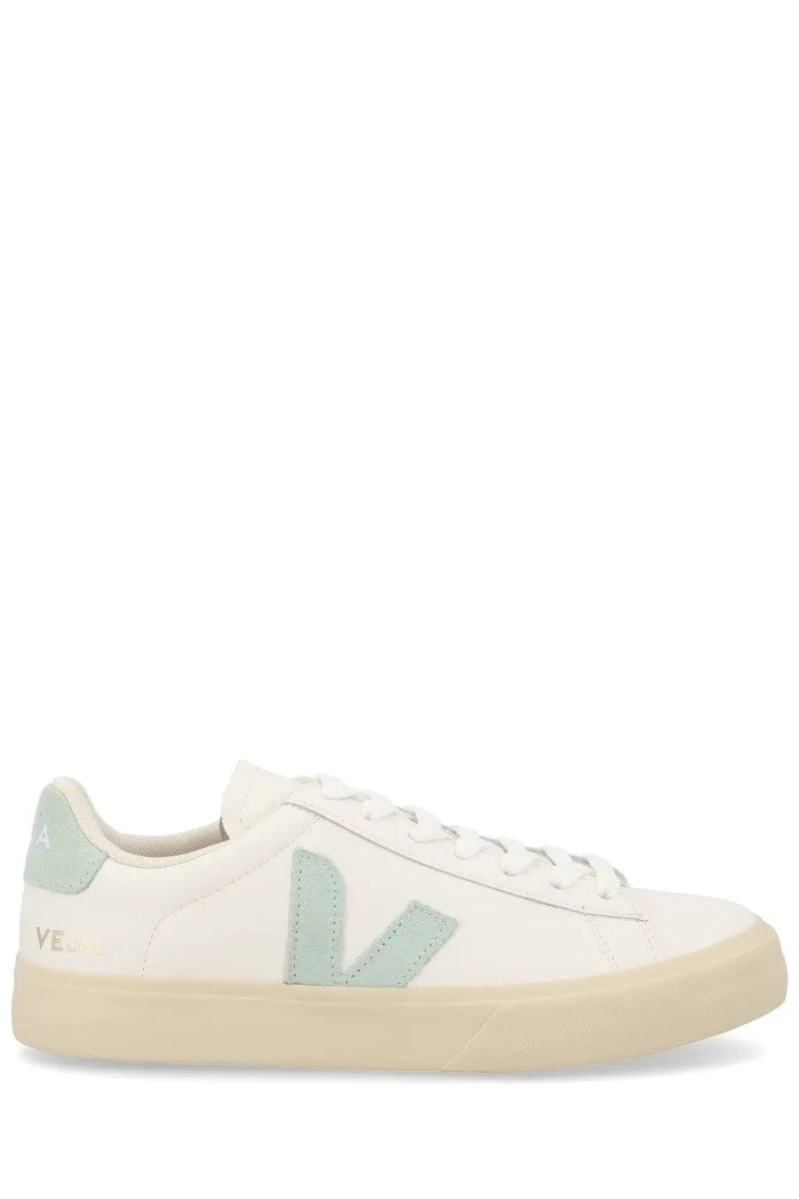 Veja unisex sneaker campo white with white leather, light mint green v logo, matching heel tab, and cream rubber sole