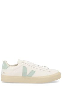 Veja unisex sneaker campo white with white leather, light mint green v logo, matching heel tab, and cream rubber sole