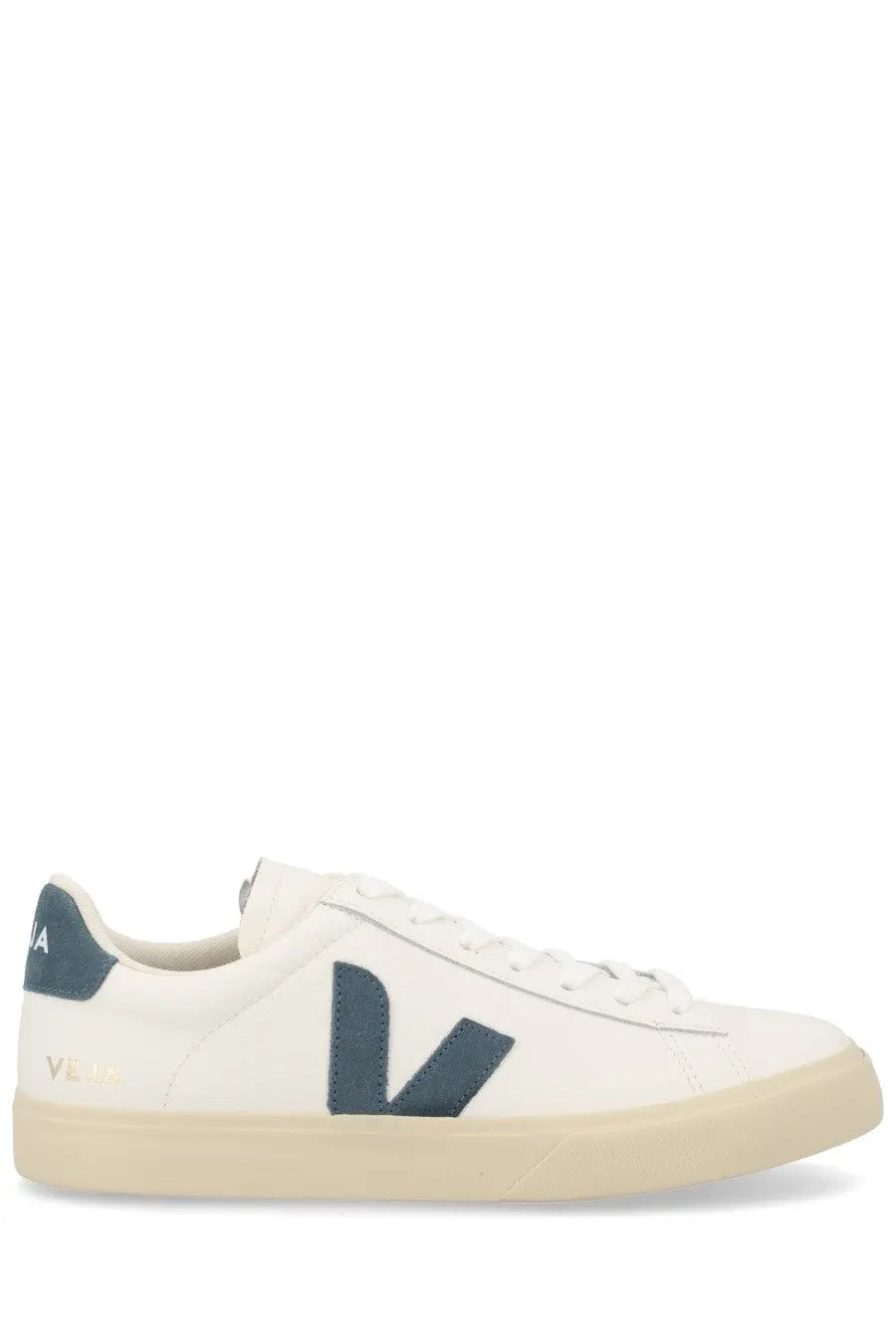Veja unisex sneaker campo white featuring white leather low-top design with navy blue logo and beige rubber sole