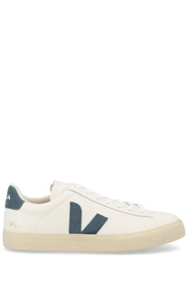 Veja unisex sneaker campo white featuring white leather low-top design with navy blue logo and beige rubber sole