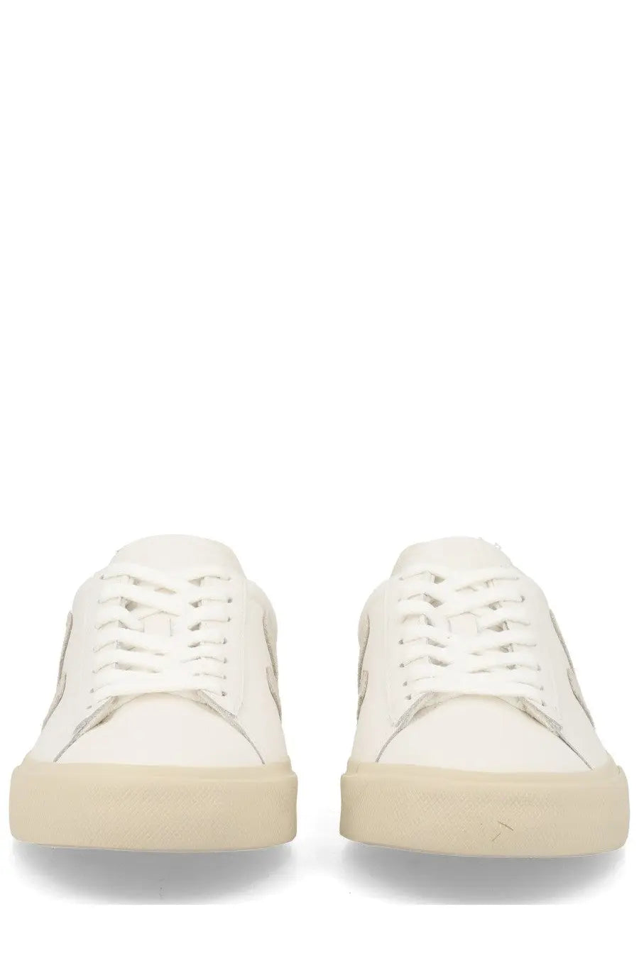 Veja unisex sneaker campo white low-top white leather with subtle metallic side stripes and cream rubber sole
