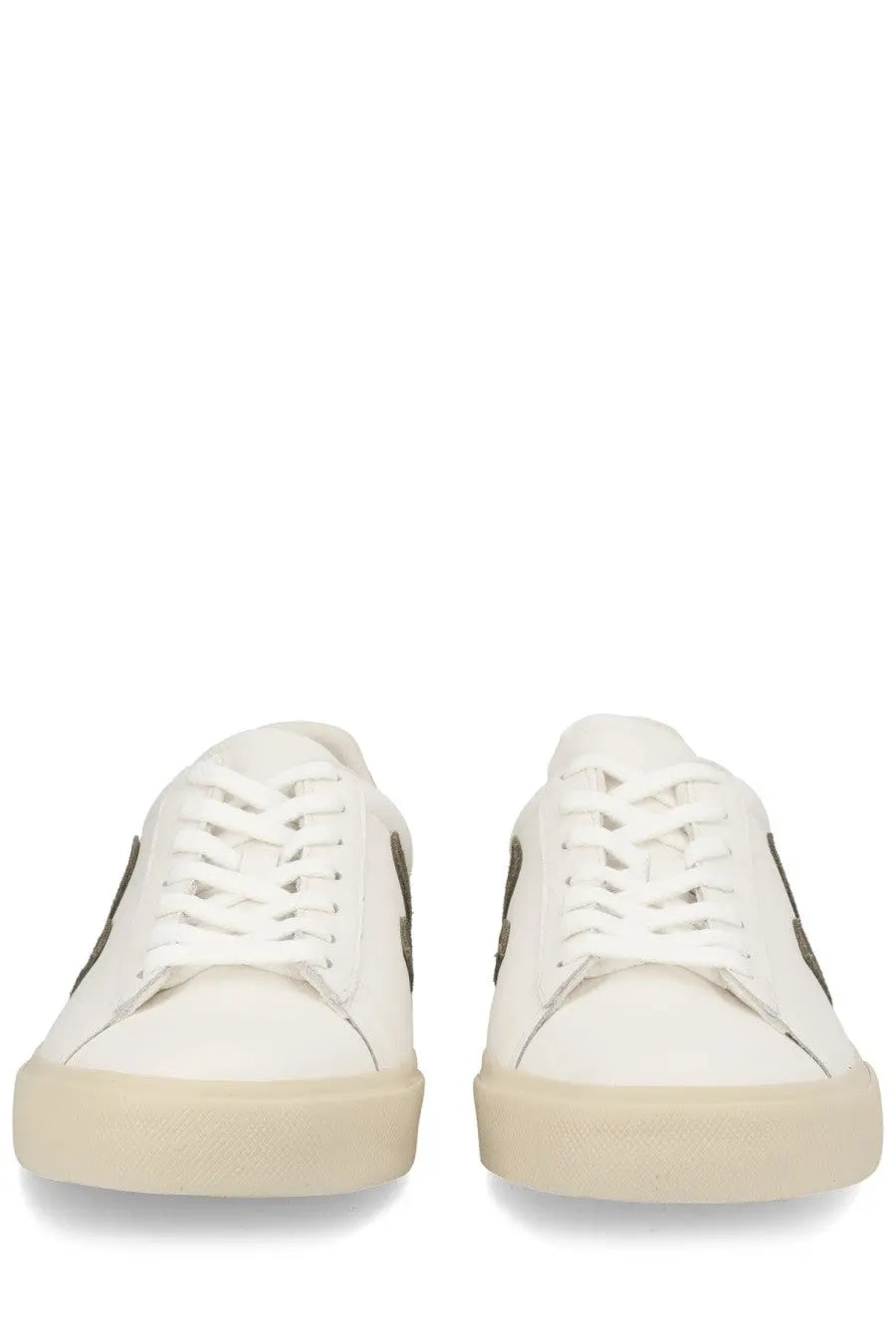 Veja unisex sneaker campo white with white leather, subtle dark side stripes, and beige rubber low-top sole