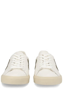 Veja unisex sneaker campo white with white leather, subtle dark side stripes, and beige rubber low-top sole