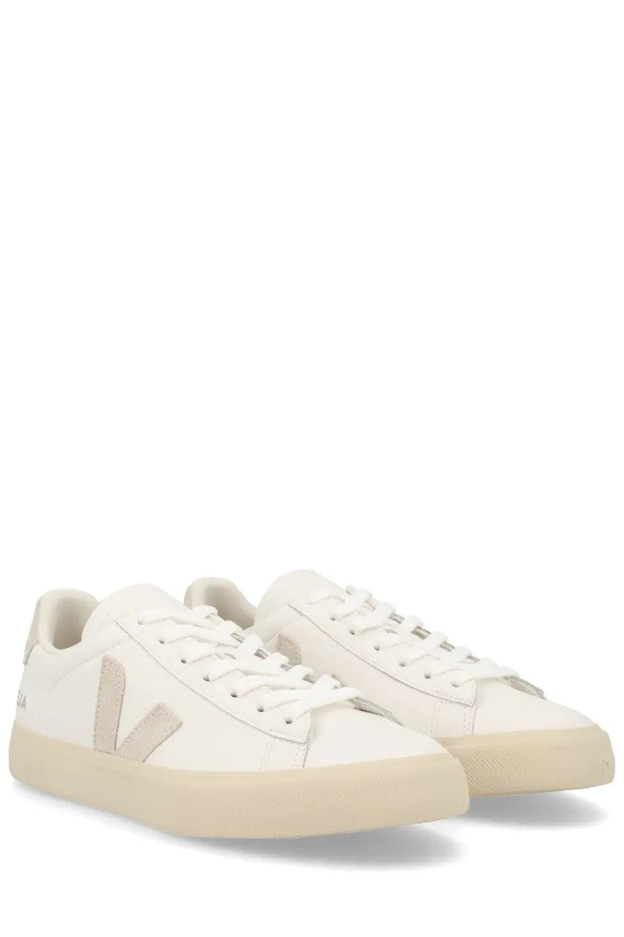 Veja unisex sneaker campo white featuring white leather upper with beige rubber sole and gray v logo on the side