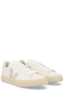 Veja unisex sneaker campo white featuring white leather upper with beige rubber sole and gray v logo on the side