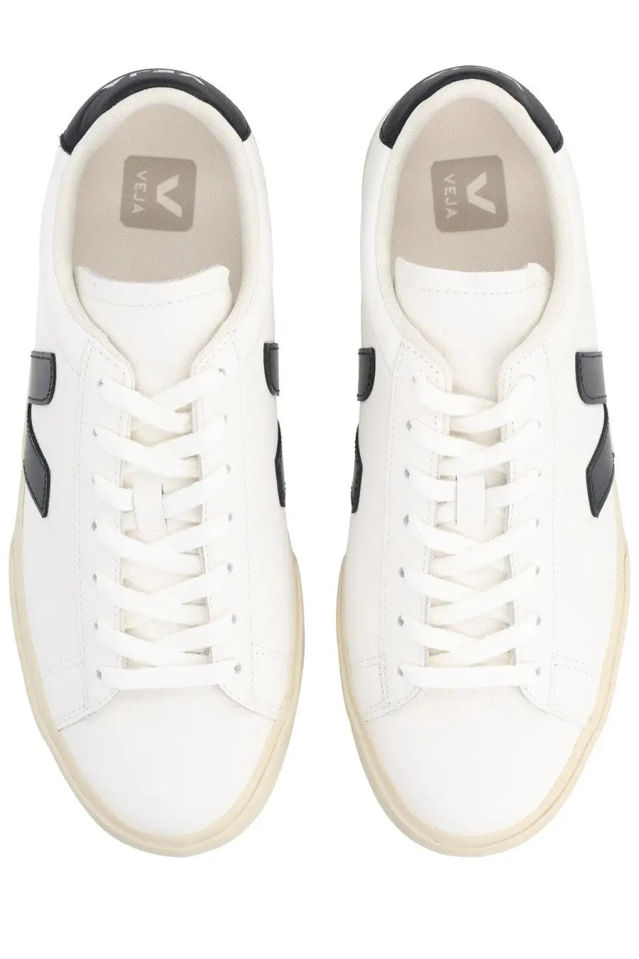 Veja unisex sneaker campo white featuring white leather with black accents and beige rubber sole with vela logo insole