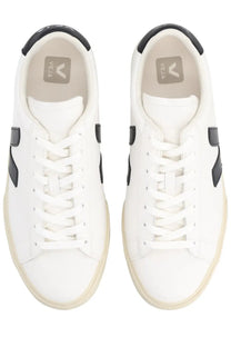 Veja unisex sneaker campo white featuring white leather with black accents and beige rubber sole with vela logo insole